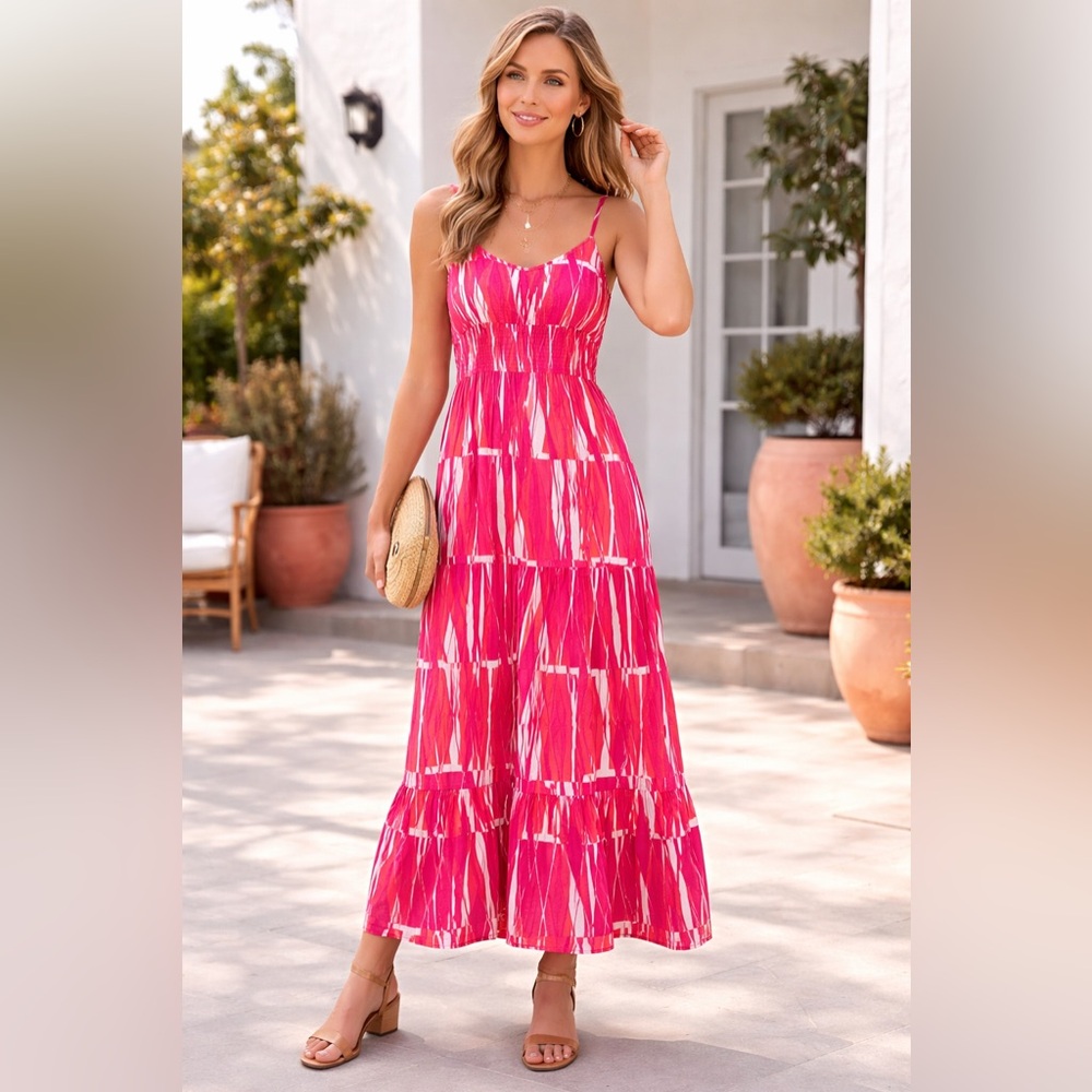 London Times Adjustable Strap, Smocked back, tiered maxi dress, with pockets